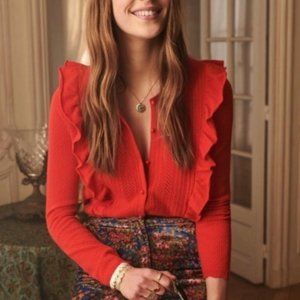Sezane Marjolaine Wool Ruffle Cardigan Sweater